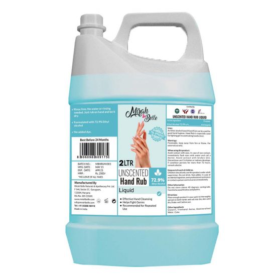 Unscented - Hand Rub Sanitizer Liquid Can (2 Ltrs) , Bulk Pack For Refill - 72.9% Alcohol